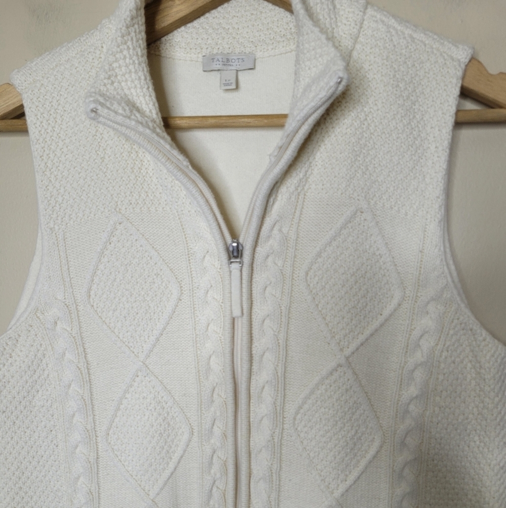 Talbots Petite Cream Knit Sweater Vest Full Zip Size PL 100% Cotton - Picture 3 of 7